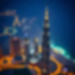 Aerial view showcasing the striking silhouette of Al Fahad Tower 1 against the Dubai skyline.