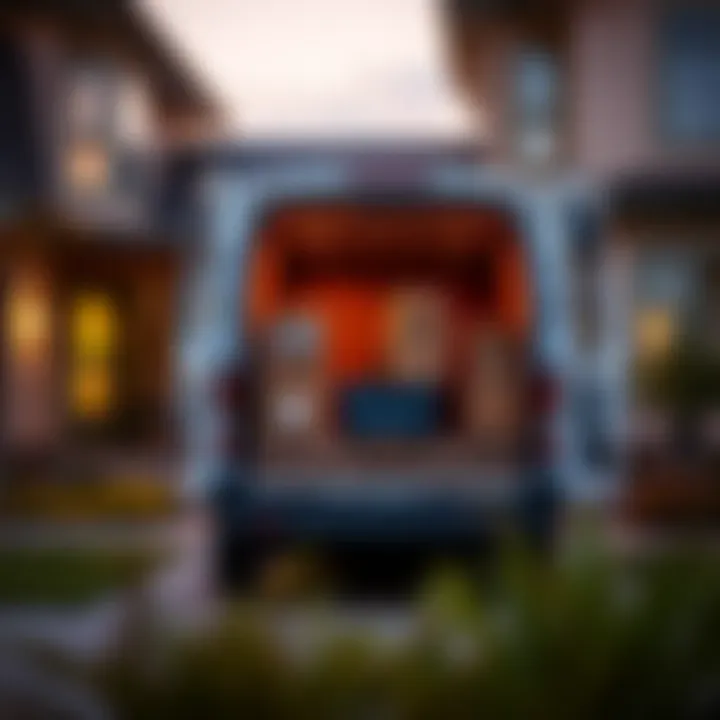 Efficient Packing: The Moving Van Ready to Go A van loaded with moving boxes outside a house.
