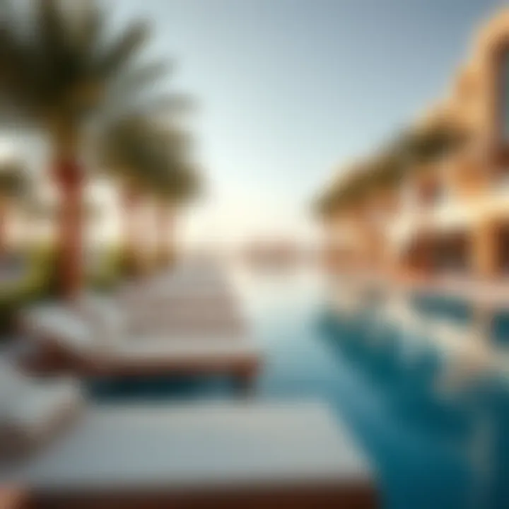 Relaxing Lounge Areas at Damac Hills 2 Water Park Relaxing lounge areas with sunbeds by the pool at Damac Hills 2