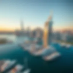 Aerial view of Dorra Bay Tower Marina showcasing its stunning architecture against the Dubai skyline