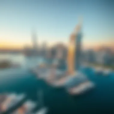 Aerial view of Dorra Bay Tower Marina showcasing its stunning architecture against the Dubai skyline