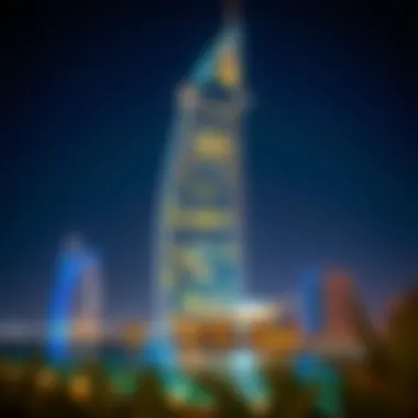 Night view of Dorra Bay Tower illuminated in Dubai
