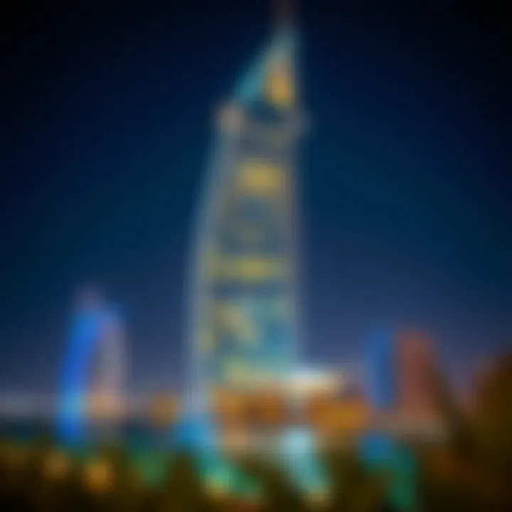 Night view of Dorra Bay Tower illuminated in Dubai