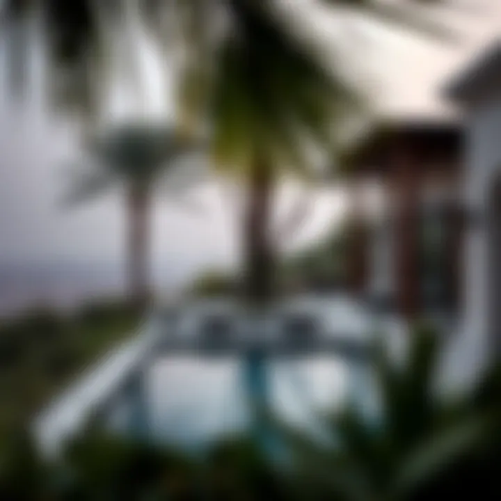 Scenic view of a villa with lush greenery and pool