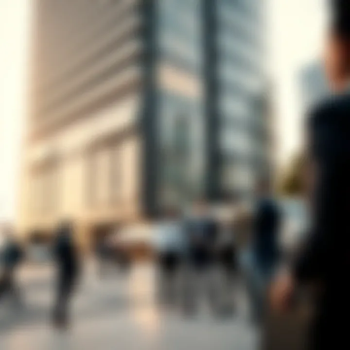 Economic Vibrancy Outside the Tower Business professionals engaging in discussions outside the tower illustrating economic activity