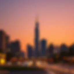 Stunning view of the single business tower on Sheikh Zayed Road against a sunset backdrop