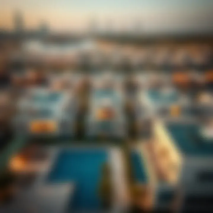 Aerial Perspective of Atwaar Villas Aerial view of Atwaar Villas set against the Dubai skyline