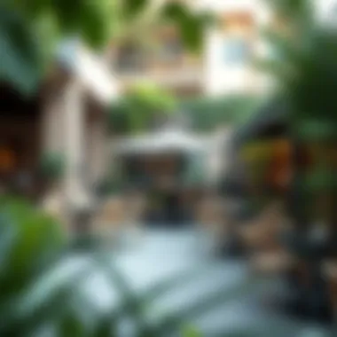 A lively outdoor seating area with greenery surrounding the cafe