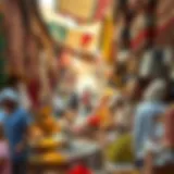 Bustling market scene showcasing vibrant spices and textiles