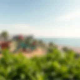 A panoramic view of the Dubai Creek Harbour Play Area showcasing its innovative play equipment and lush greenery.