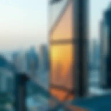 Stunning view of Falcon Tower's facade against the Dubai skyline