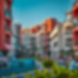 A vibrant view of a popular flat sharing neighborhood in Dubai showcasing modern architecture