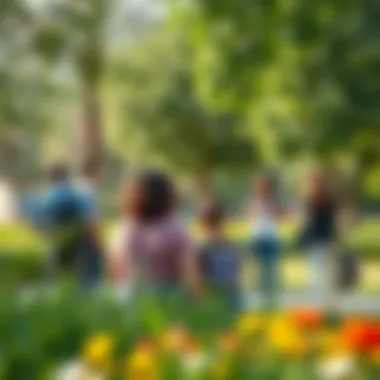 Families and friends gathering in a tranquil park area surrounded by greenery