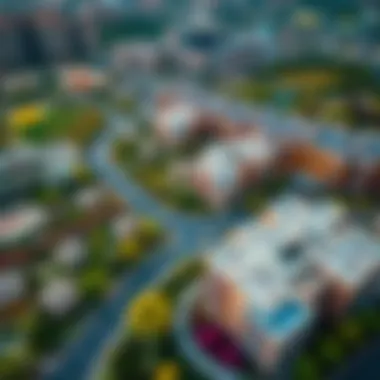 Aerial view of Nakheel Discovery Gardens showcasing vibrant landscaping and residential buildings