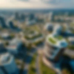 Aerial view of Shkhbout City showcasing modern architecture and green spaces