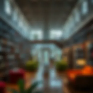 A tranquil library interior with shelves of books and reading areas