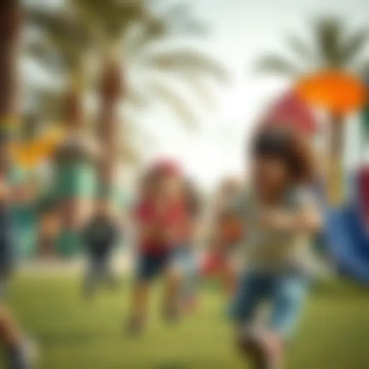 A vibrant outdoor playground filled with happy children playing together