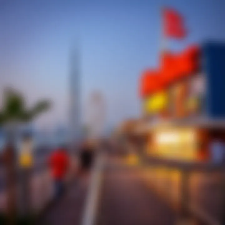 Recreational Offerings on Dubai Boardwalk Vibrant recreational area along the Dubai Boardwalk filled with visitors engaging in activities