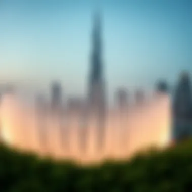 Panoramic View with Burj Khalifa A panoramic view of the Dubai Fountain synchronized with music, set against the backdrop of the Burj Khalifa
