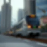 A sleek Dubai Hills Train traversing the modern skyline