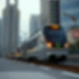 A sleek Dubai Hills Train traversing the modern skyline