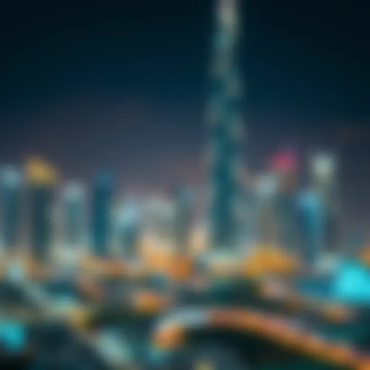 Night view of Dubai skyline with G24 Tower illuminated