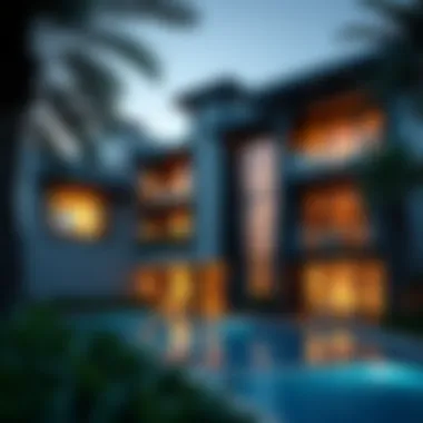 An exterior view showcasing the stunning architectural design of the Serena Residence in Dubai