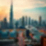 A panoramic view of the Dubai skyline showcasing iconic skyscrapers
