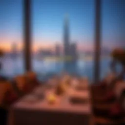 Elegant dining setup with a view of the Dubai skyline