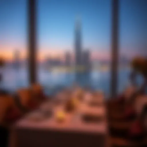 Elegant dining setup with a view of the Dubai skyline
