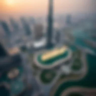 Aerial View of Fountain Show and Downtown Aerial view of the fountain show with Downtown Dubai in the background