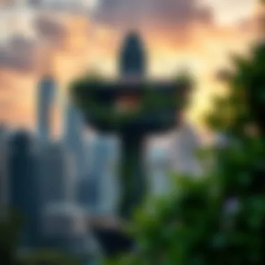 Urban skyline with the Hanging Garden Tower as a focal point