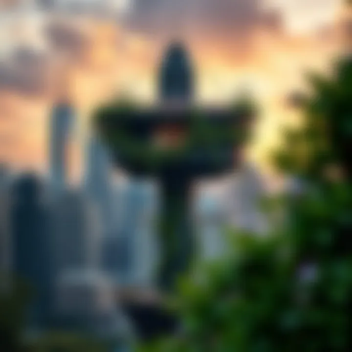 Urban skyline with the Hanging Garden Tower as a focal point