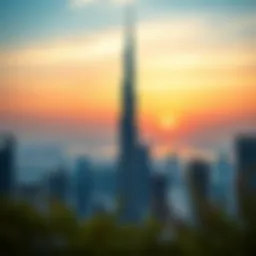 A breathtaking view of the Burj Khalifa against a sunset sky
