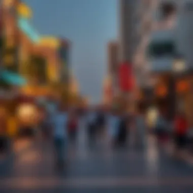 Vibrant Promenade with Dining and Shopping Experiences Lively promenade filled with dining options and shoppers