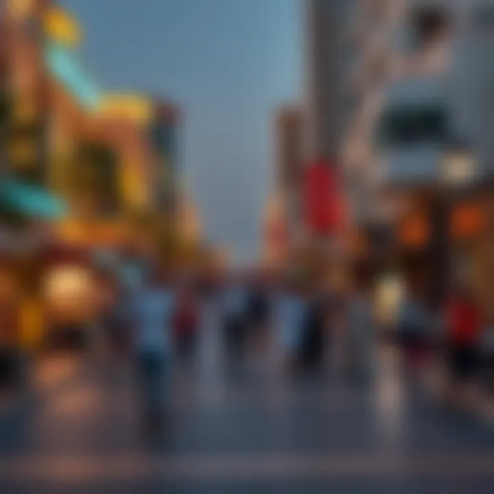 Vibrant Promenade with Dining and Shopping Experiences Lively promenade filled with dining options and shoppers