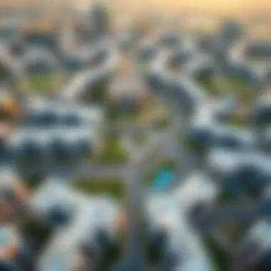 Aerial view of Jumeirah Village Circle showcasing modern architecture and green spaces