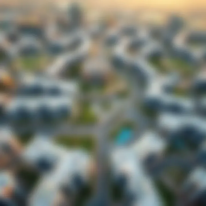 Aerial view of Jumeirah Village Circle showcasing modern architecture and green spaces