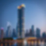 Stunning view of Lake City Tower against the Dubai skyline