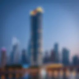 Stunning view of Lake City Tower against the Dubai skyline