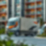 A modern moving truck parked in front of a luxury apartment in Dubai