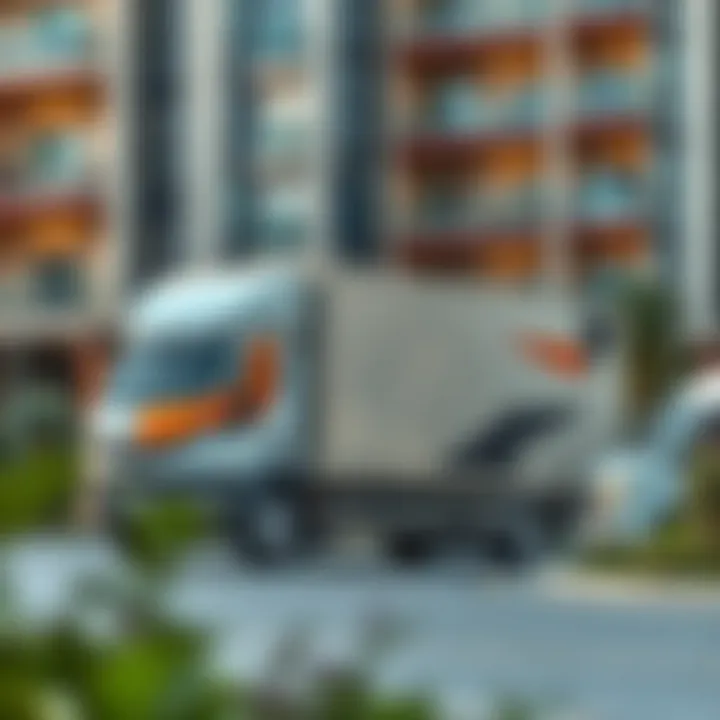 A modern moving truck parked in front of a luxury apartment in Dubai