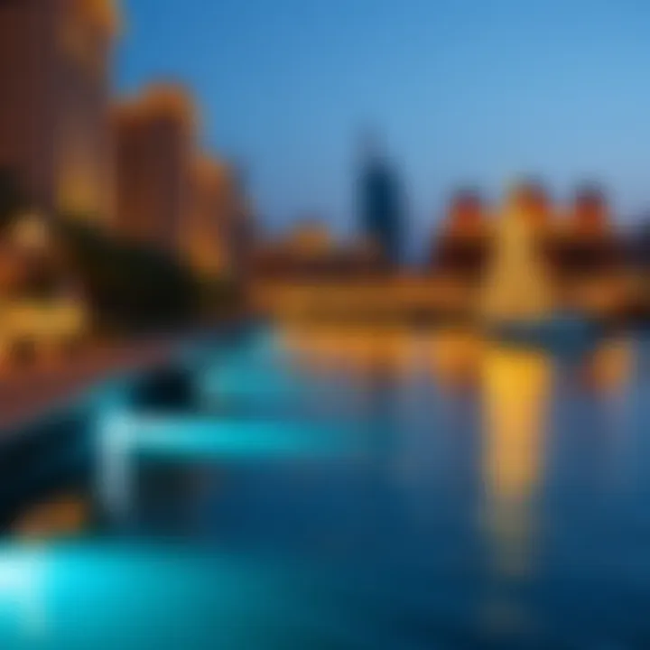 An elegant view of a Dubai waterfront with festive lights reflecting in the water