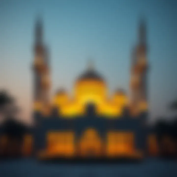 Illuminated Mosque at Dusk A serene view of a mosque illuminated at dusk during Ramadan