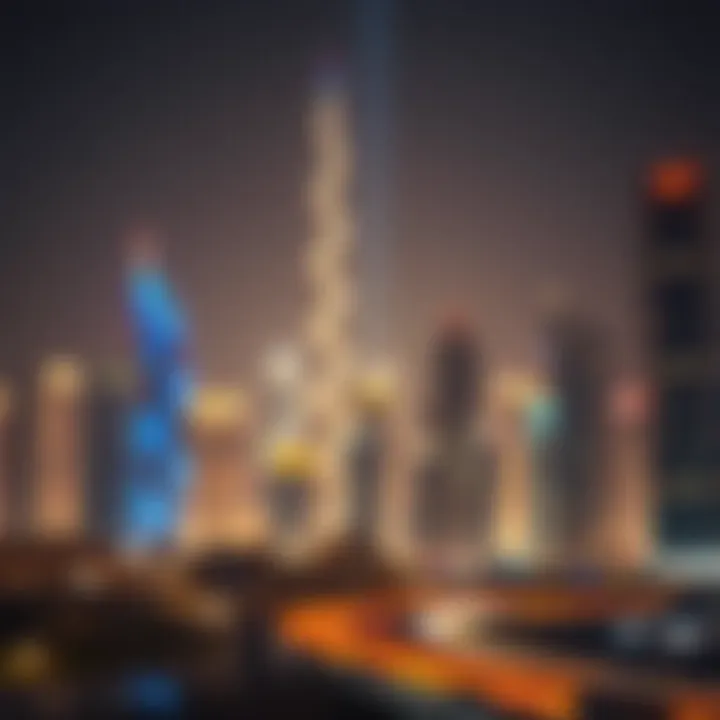 Dubai's Nighttime Skyline: A Dazzling Innovation Night view of illuminated skyscrapers in Dubai