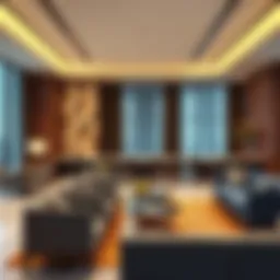 Luxurious interior of a business lounge showcasing modern design.