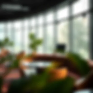 Serene Workspace Setting A quiet workspace area within a business lounge.