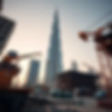 Burj Khalifa Construction Dynamics Construction site of Burj Khalifa highlighting machinery and labor