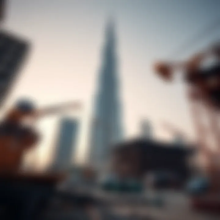 Burj Khalifa Construction Dynamics Construction site of Burj Khalifa highlighting machinery and labor