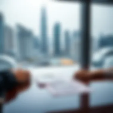 Negotiation in Dubai Real Estate Negotiation table with real estate documents and a skyline backdrop